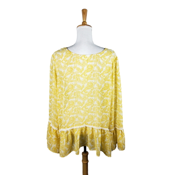 Stitch & Lace Paisley Chiffon Peplum Bell Sleeve Blouse Yellow Size Large - Picture 3 of 7